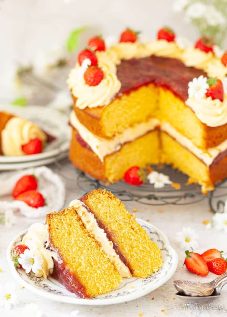 Custard Cake with Rhubarb and Strawberries - Little Sugar Snaps